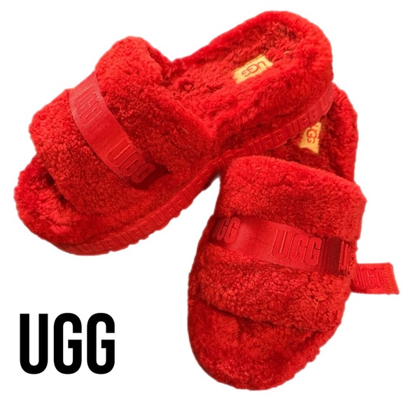 UGG Fluffita Sheep Fur Platform Slippers - Sandals Red size 9 (worn twice) - Picture 7 of 17